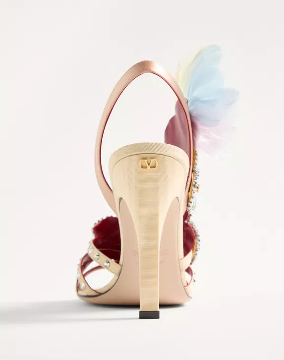 Valentino Dans Le Foyer Sandal In Moiré Fabric With Floral Embroidery And Feathers 105Mm - Image 2